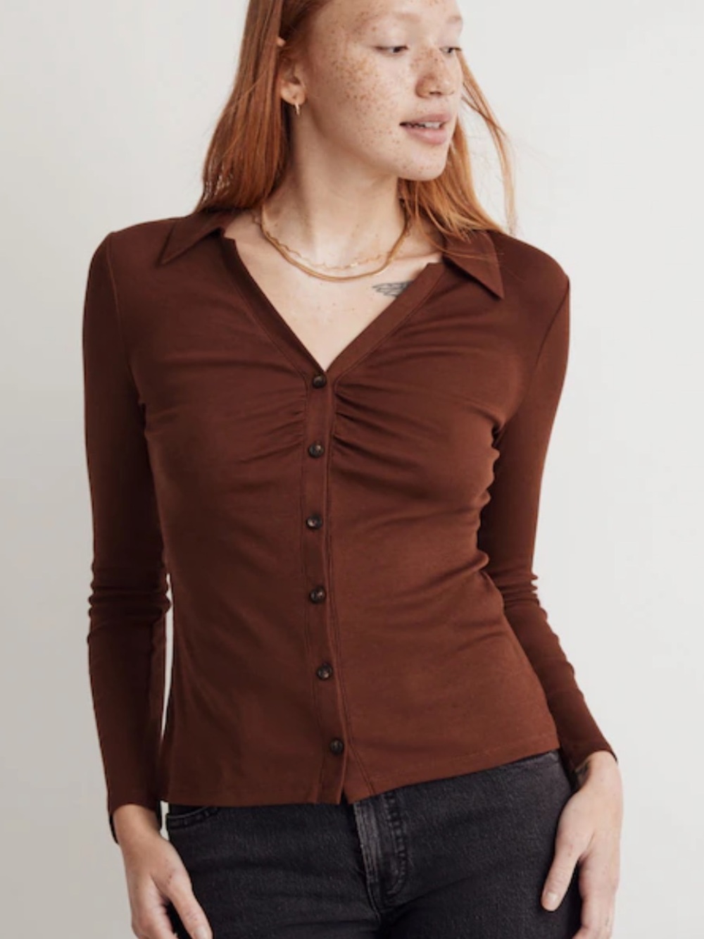 Madewell Ruched Polo Cardigan in Soft Mahogany